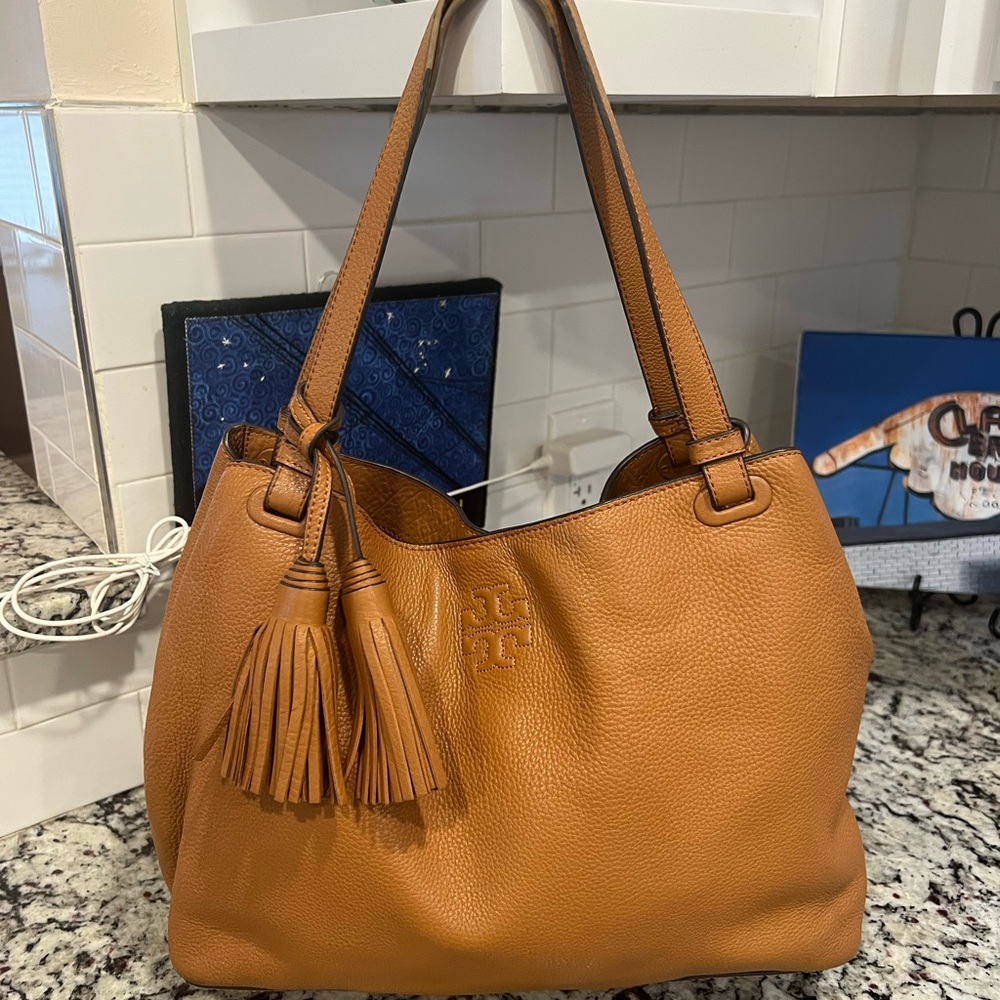 Tory Burch Thea handbag purse bark pebbled leather